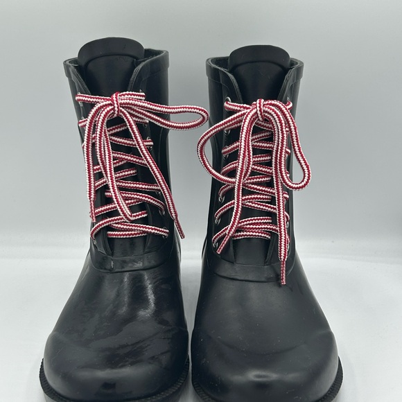 Black Women's J Crew Rain/Winter Boots with Red and White Laces. - Picture 1 of 10